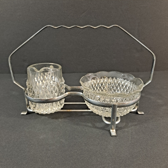 Vintage Three Piece Diamond Point Glass Cream And Sugar Bowl Caddy Set - Picture 13 of 13